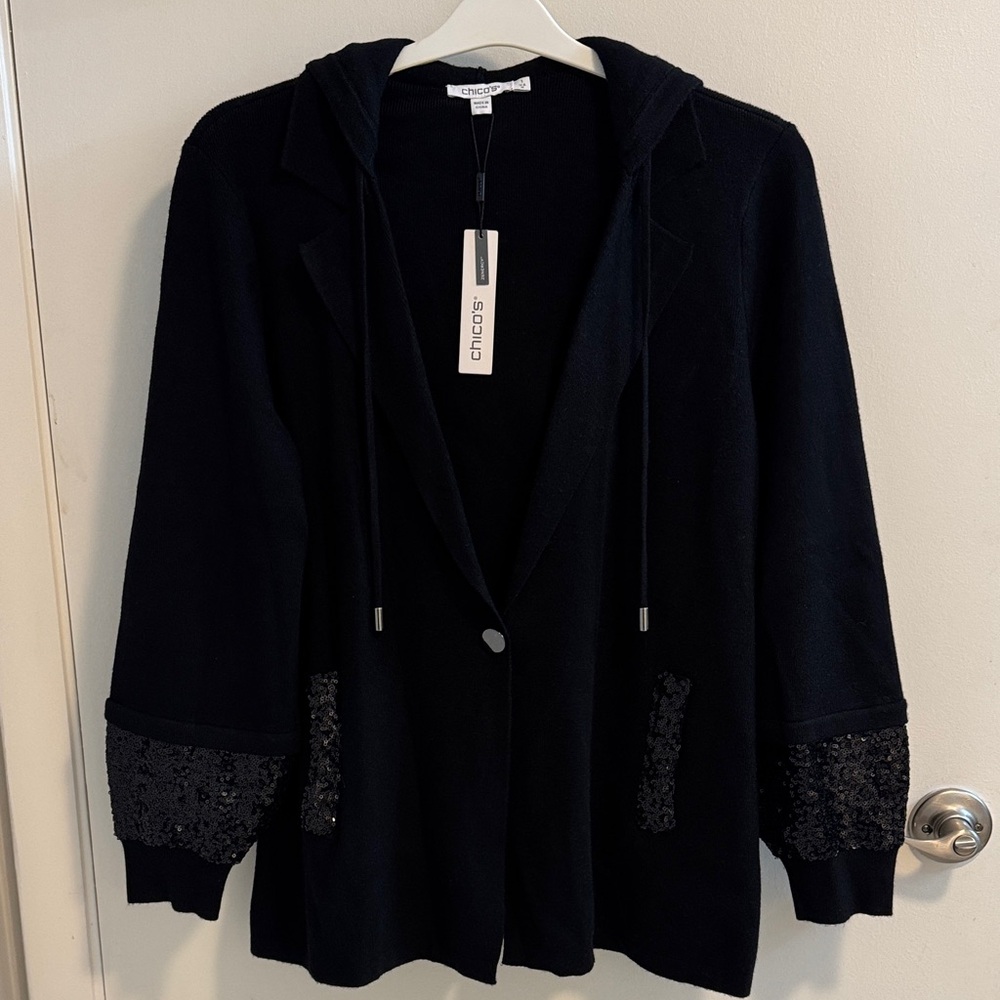 Chico's Zenergy Luxe Black Sequin Sleeve Sweater Blazer Jacket Sz 1 8/10 New